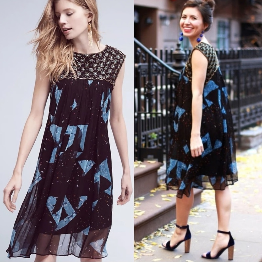 Moulinette Soeurs (Anthro). Beaded Cocktail Dress. Sheer Print Overlay. Sz 6P.